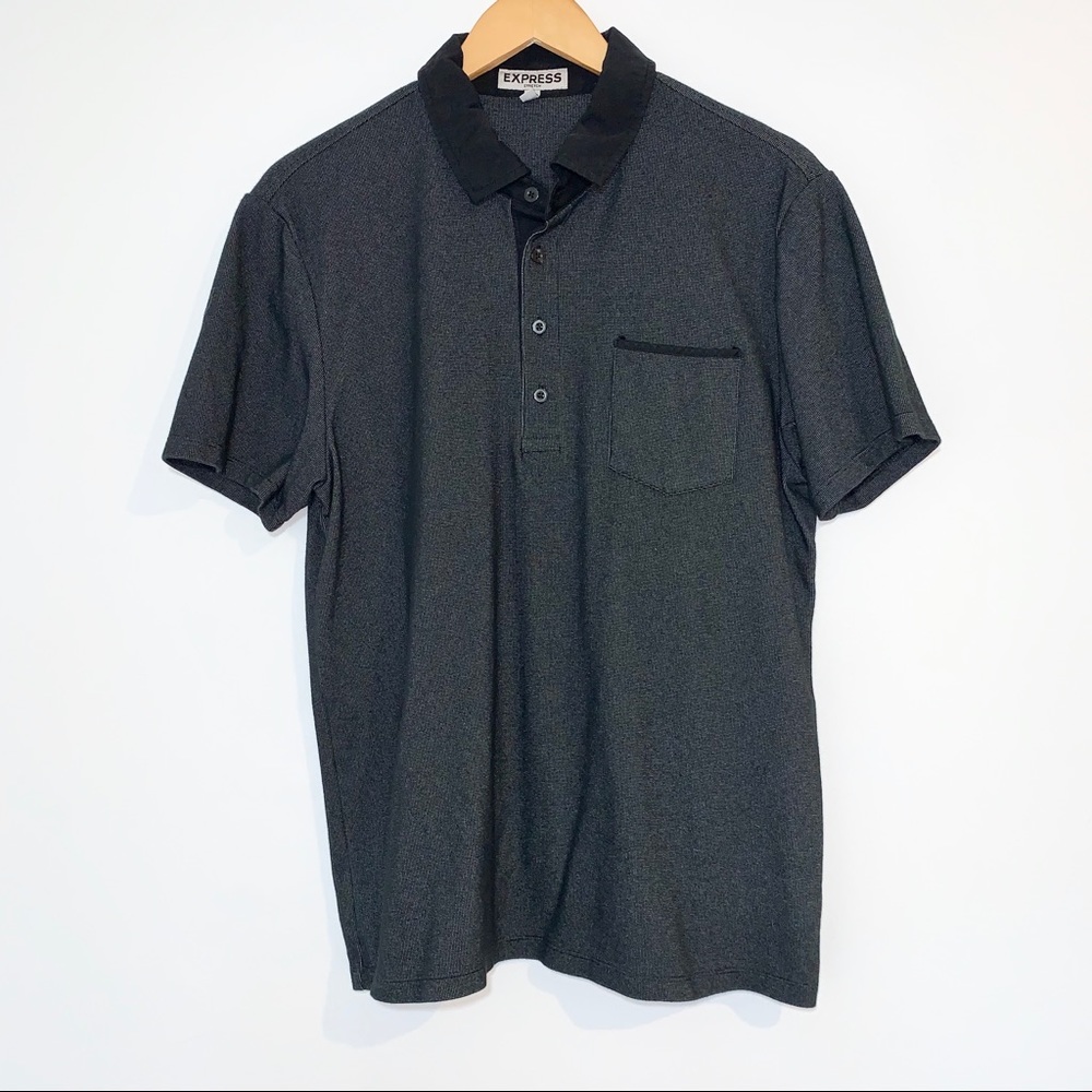 Express Men’s Black and Gray Stretch Polo Large